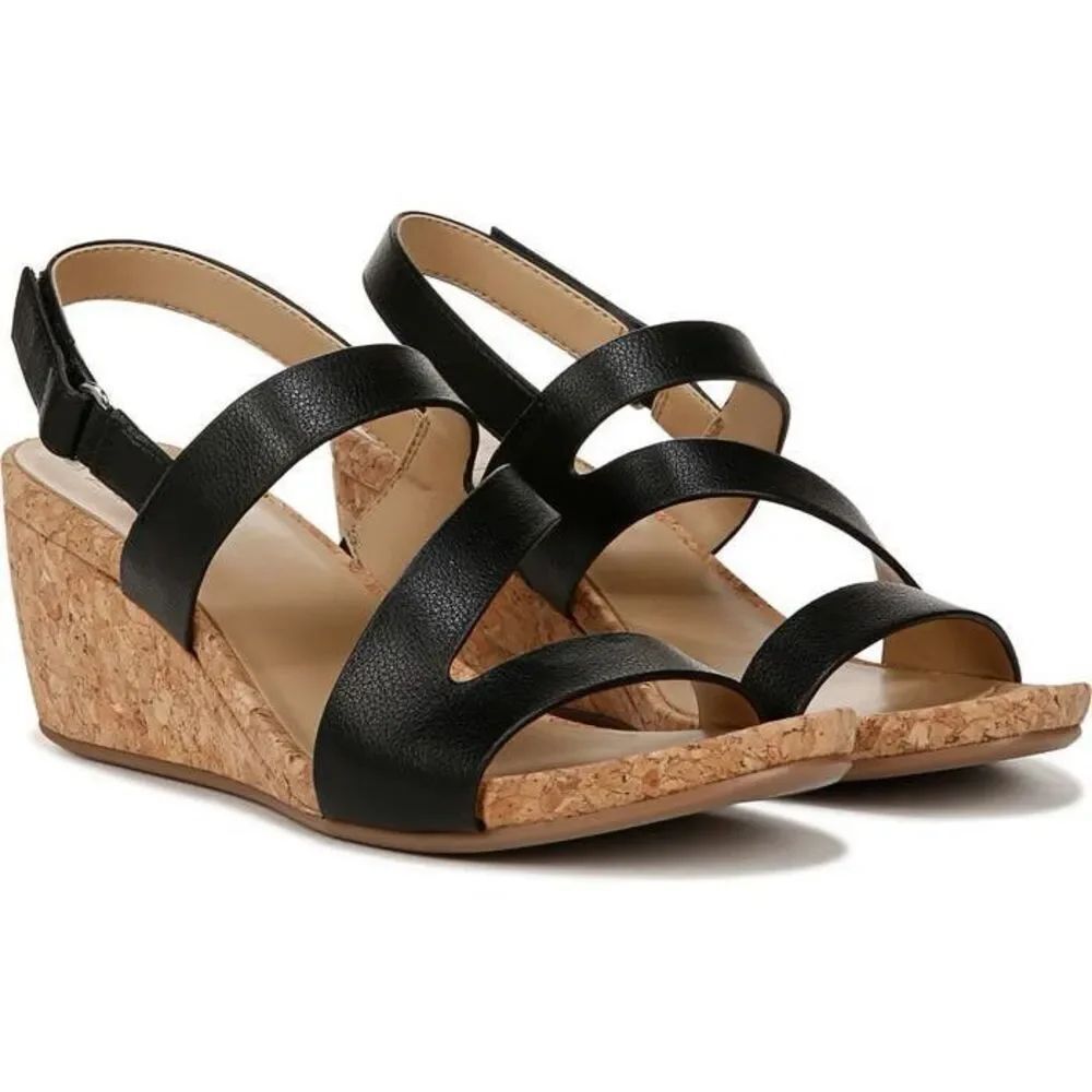Naturalizer 2.75” Adria Strappy Wedge Sandal Faux Leather Black 8 Wide